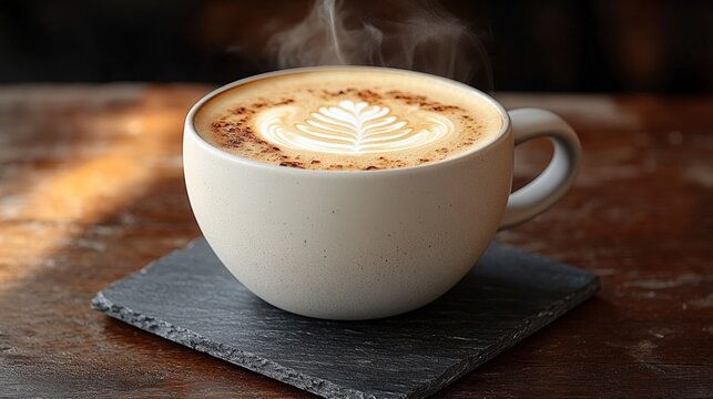 Steaming latte art in a cup, on slate.