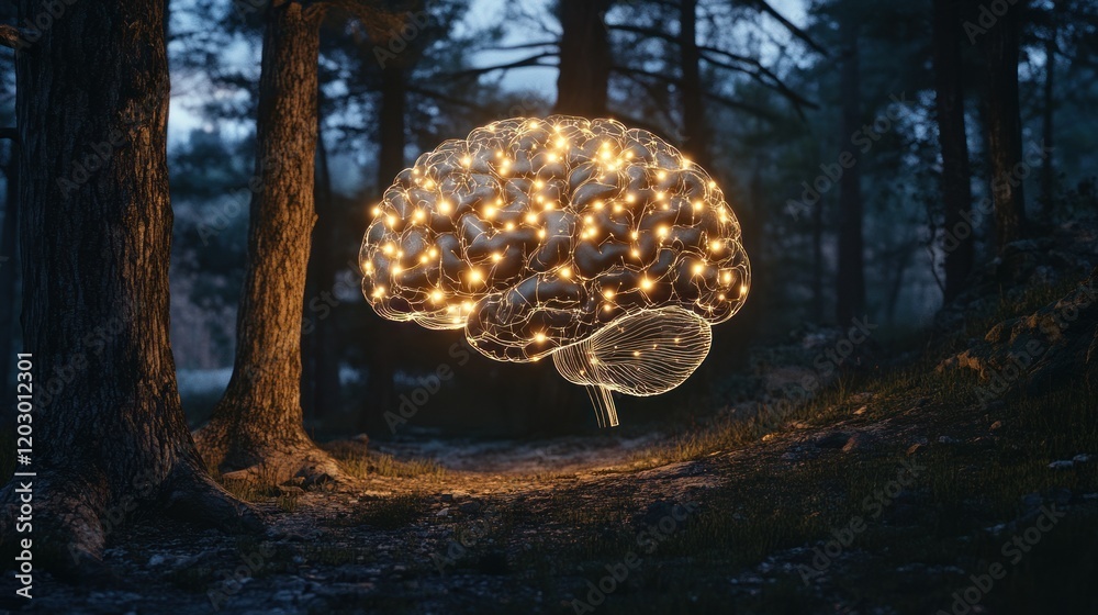 Poster illuminated brain hovers in a dark forest setting