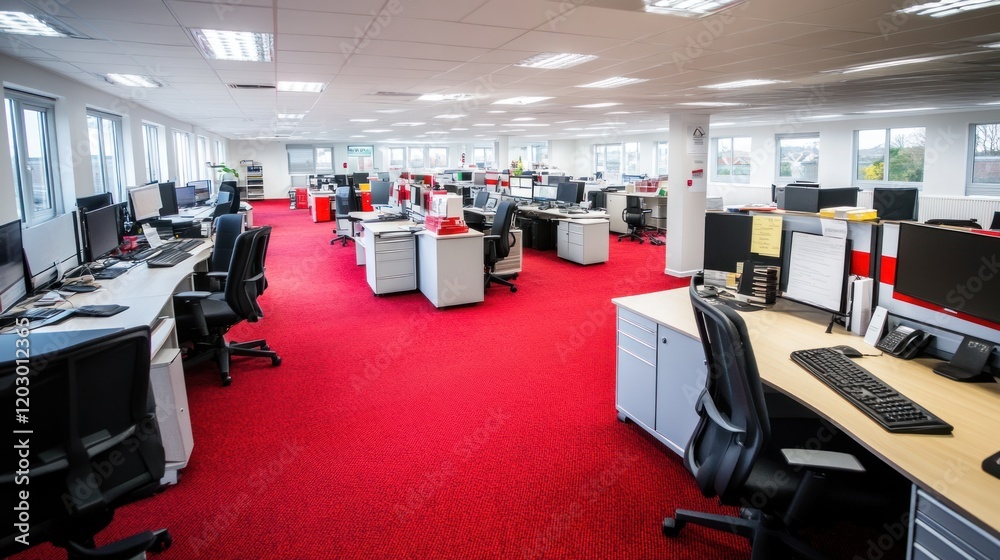 Poster Modern Office Workspace with Red Carpet and Multiple Computers