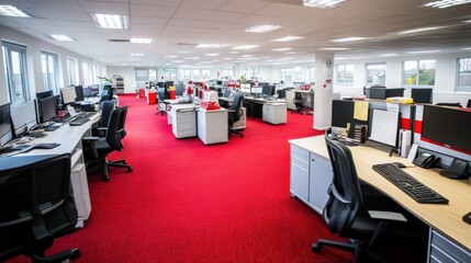 Modern Office Workspace with Red Carpet and Multiple Computers