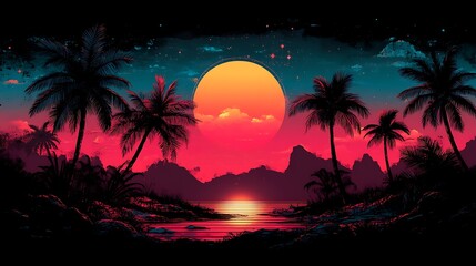 Tropical sunset, palm trees, ocean, vibrant colors, idyllic beach scene, travel poster