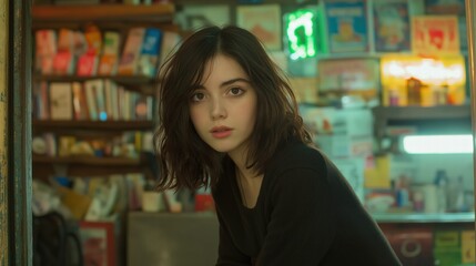 A woman with short hair is sitting in front of a bookcase