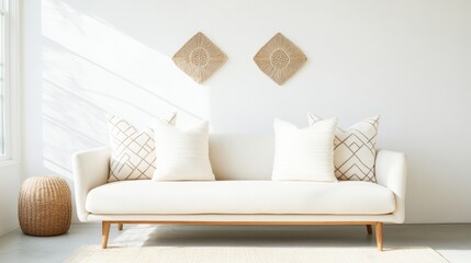 Patterned Minimalism in Sunlit Living Room Tribal-Inspired Throw Pillows and Geometric Wall Art on Sleek Sofa - Interior Decor Trends and Magazine Features for Cultural Design