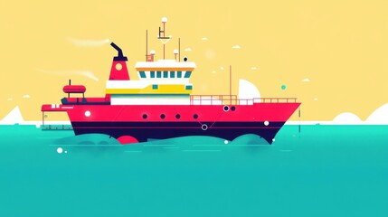 Colorful illustration of a fishing boat navigating calm waters with a bright, cheerful background