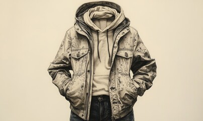 Fototapeta premium Graphite drawing: hooded jacket, hoodie, jeans.