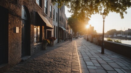 Obraz premium A brick walkway with a brick sidewalk and a brick wall