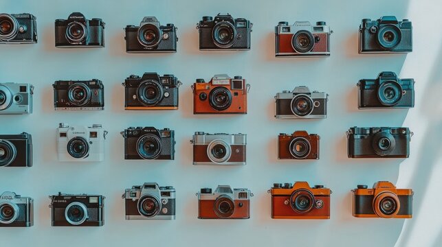 Collection of vintage and modern cameras displayed on a wall showcasing photography evolution