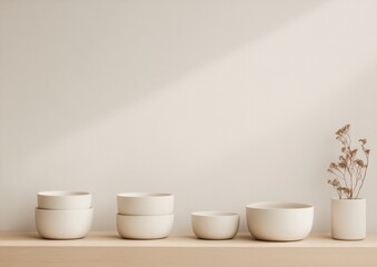 Rustic Ceramic Tableware Display Handcrafted Korean Bowls on Natural Wood Surface - Minimalist Design and Artisan Craft for Modern Dining and Sustainable Home Decor