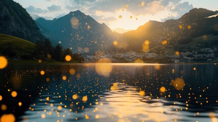 Golden Lights Dance On Mountain Lake At Sunset