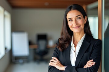 Obraz premium Confident Businesswoman Standing in Modern Office with Arms Crossed, Showcasing Professionalism and Elegance in a Corporate Environment