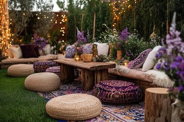 Outdoor boho party with fairy lights and cushions