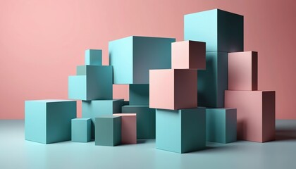 Abstract geometric arrangement of light teal and rose-pink cubes.