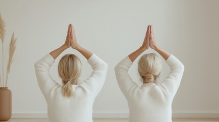 Minimalist Wellness Focus Mature Women in Cozy Knitwear Practicing Yoga in Bright Eco-Friendly Interior for Health, Connection and Sustainable Living Content Creation