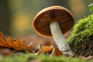 Close-up of psilocybe cubensis mushroom cap and gills, macro photography, mushrooms, tree trunk, wild growth