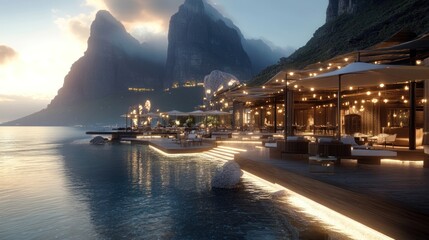Scenic Waterfront Restaurant Amidst Majestic Mountains