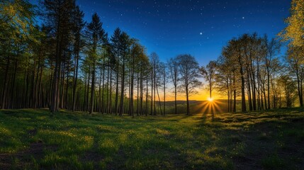 Sunset Over Forest Meadow With Starry Night Sky
