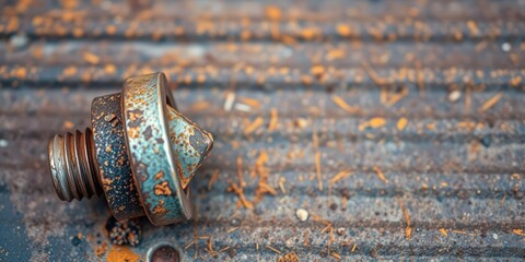 Close-up of a rusty bolt with a metallic patina on a grungy metal surface, metallic, closeup, industrial