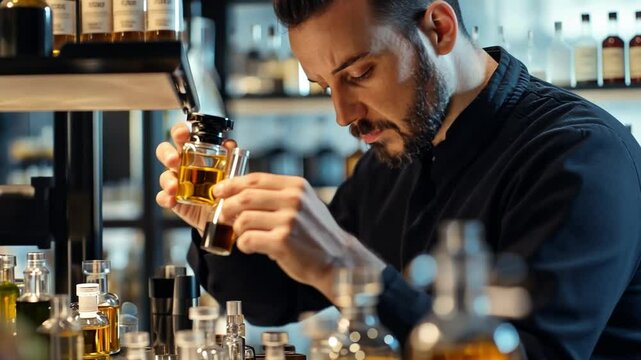 A man is working with several perfume bottles.