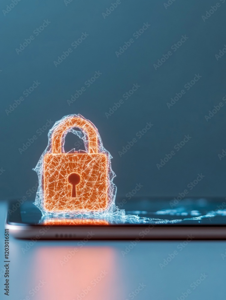 Poster cybersecurity emblem neon digital lock on cracked tablet - futuristic tech aesthetic for online priv
