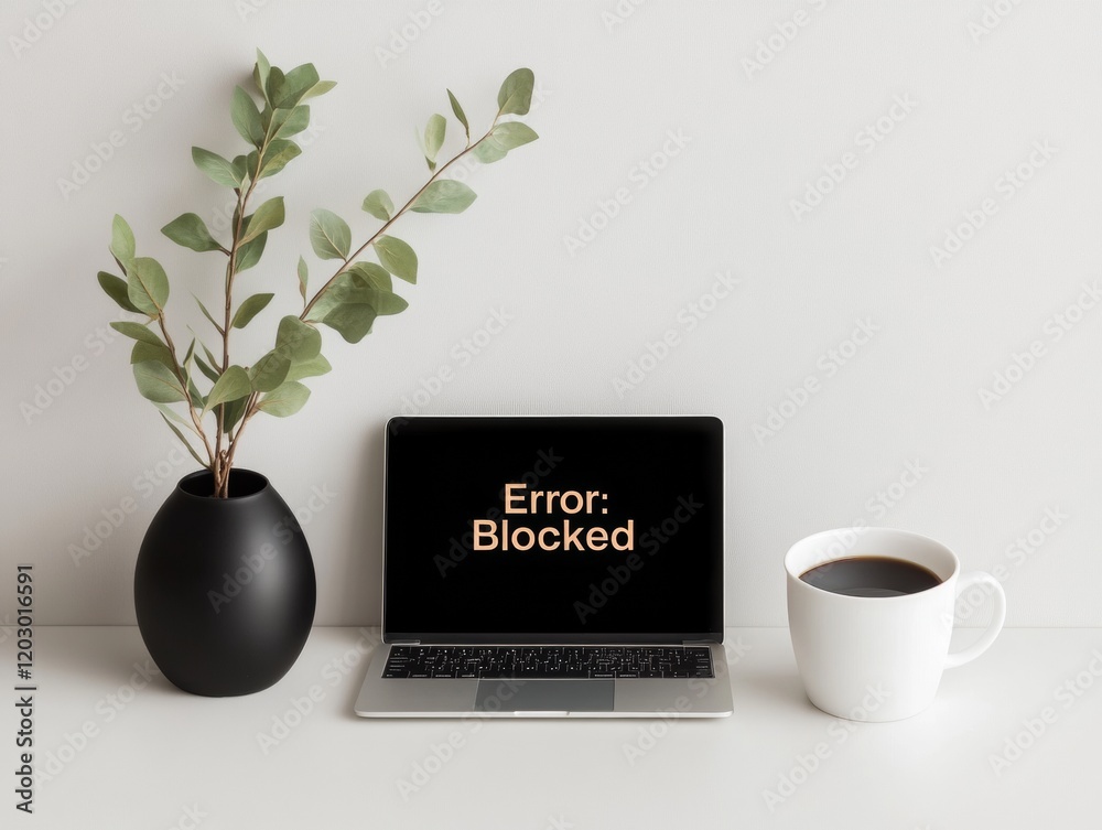 Fototapete Minimalist Tech Desk Black and White Workspace with Laptop Error Display - Enhancing Remote Workflows and Digital Privacy Awareness in Modern Business Environments