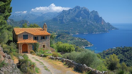 Coastal stone house, scenic mountains, Mediterranean sea view, travel postcard