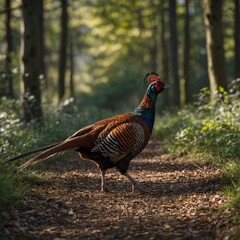 Fototapeta premium Capture a pheasant walking in side pose through a forest path, taken with a DSLR and a blurred scene behind.