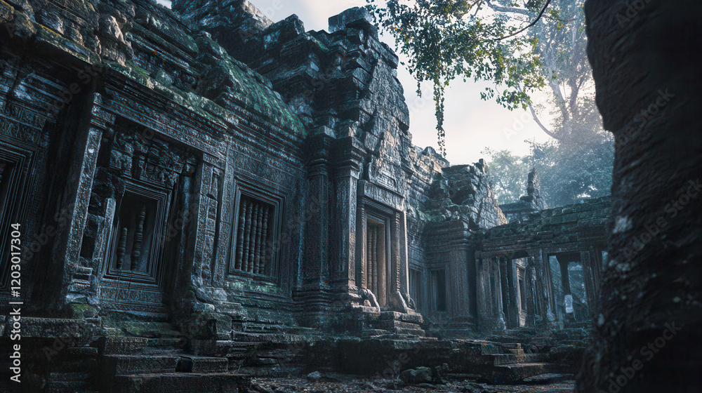 Wall mural historic ruins illuminated by soft twilight lighting showcasing ancient architecture and remnants of