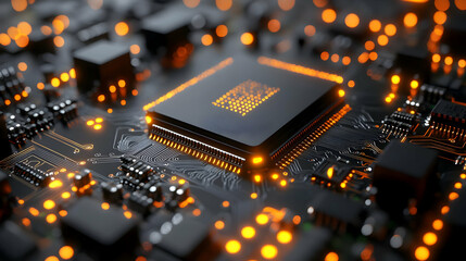 Close-up of a glowing microchip on a circuit board, showcasing intricate electronic components and circuitry.  The image evokes a sense of technologic