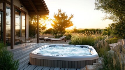 Serene Hot Tub Patio Sunset Landscape Design