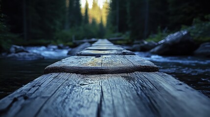 Wooden Stepping Stones Across Forest Stream