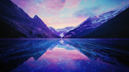 Serene Mountain Lake Reflects Digital Network At Dawn