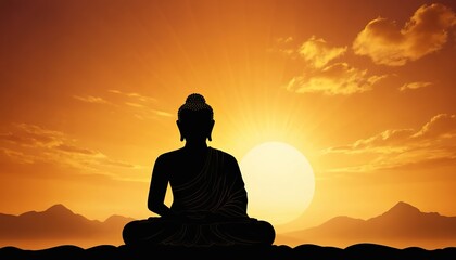 Silhouette of Buddha meditating at sunset over mountains.