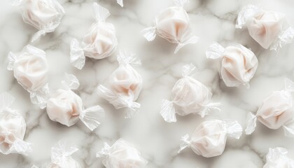 Delicate White Candies Wrapped in Cellophane on Marble