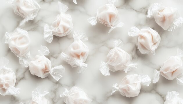 Delicate White Candies Wrapped in Cellophane on Marble