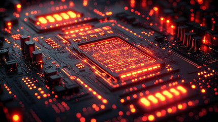 Close-up of a glowing red circuit board with intricate details, showcasing the complex inner workings of modern technology.  The image evokes a sense