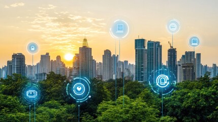 Smart City Skyline Sunrise Showing Technological Integration