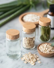 Skinminimalism Aesthetics Eco-Friendly Glass Skincare Bottles with Wooden Lids and Natural Ingredients for Sustainable Beauty Retail and Conscious Consumer Appeal