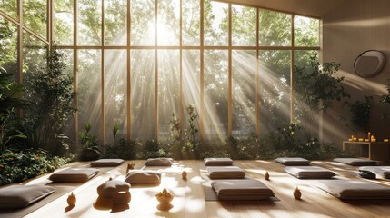 Serene sunlit meditation studio with cushions and plants