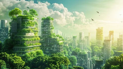 Obraz premium A concept-driven image showcasing a modern eco-city skyline, illuminated by sustainable energy sources and bordered by expansive green spaces.