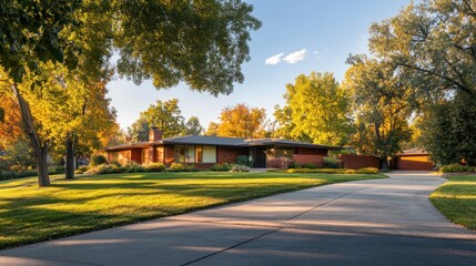 Autumn Sunset Illuminates Brick Ranch Style Home