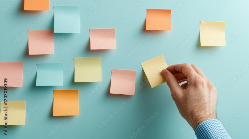 Poster contemporary creative workspace multicolored sticky notes on clean wall - team collaboration and pro