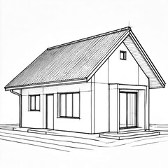 A minimalist house line sketch on a white background, featuring a simple roof and rectangular windows.