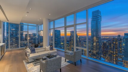 Modern apartment living room with city sunset view