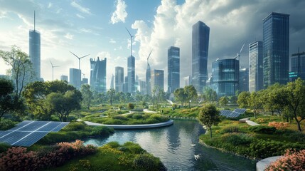 Obraz premium A vibrant city park in an eco-conscious area, surrounded by futuristic skyscrapers with reflective solar glass and wind turbines on rooftops.