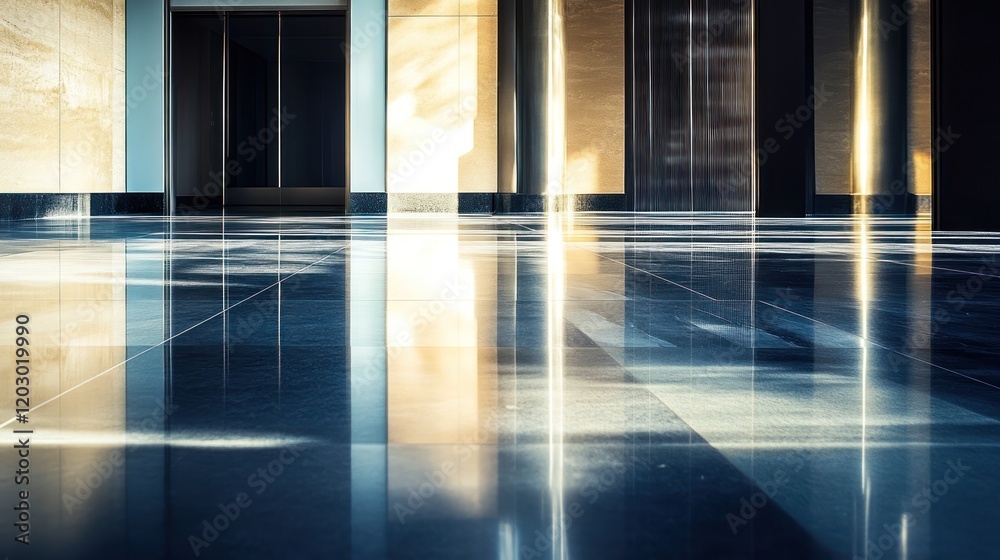 Poster polished floor reflecting light and modern architecture