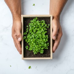 Urban Greenery Aesthetic Fit Black Male Planting Microgreens in Wooden Box on Marble - Trendy Home Gardening Content and Sustainable DIY Lifestyle Marketing