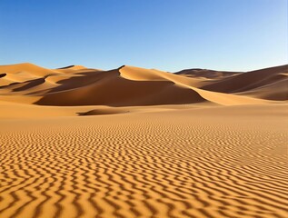 Golden Sand Dunes Desert Landscape Under Clear Blue Sky
