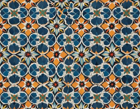 Intricate Mosaic Tile Pattern in Blue Orange and Yellow Floral Design