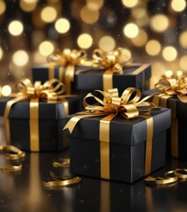 Black gift boxes with golden ribbons and festive bokeh lights in the background, snowy scene, black gift box, event decor