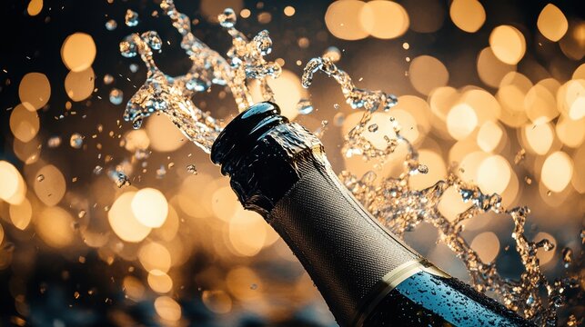 Champagne bottle opening with sparkling splash	